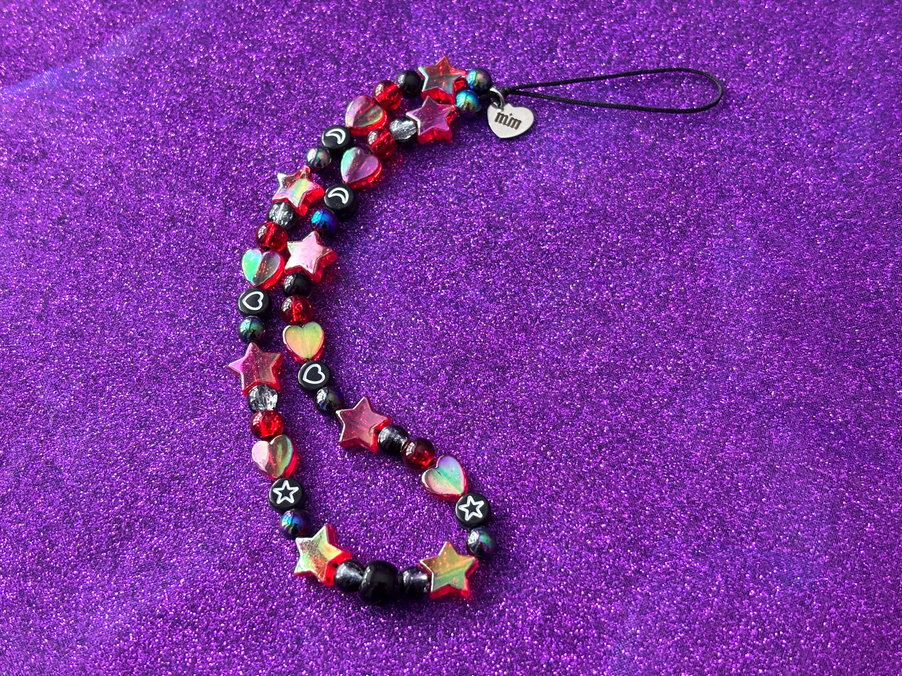 Red Black Beaded Phone Strap Charm | Iridescent Heart Star, Emo