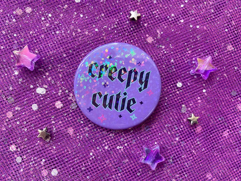 Creepy Cutie Holographic 38mm Pin Badge Cute, Glitter, Spooky Season, Halloween, Creepy Cute, Pastel Goth image 2