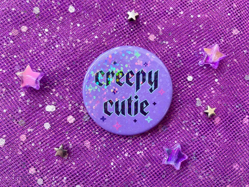 Creepy Cutie Holographic 38mm Pin Badge Cute, Glitter, Spooky Season, Halloween, Creepy Cute, Pastel Goth image 1