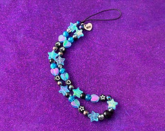 Blue Black Beaded Phone Strap Charm | Iridescent Heart Star, Emo Gothic Style, Y2K Aesthetic, Phone Accessories, Cute Phone Charm