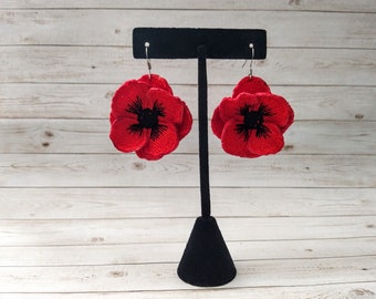 Red Poppy embroidered earrings,lightweight earrings,flower jewelry,birthday mother's day gift idea,original present, stainless steel hook