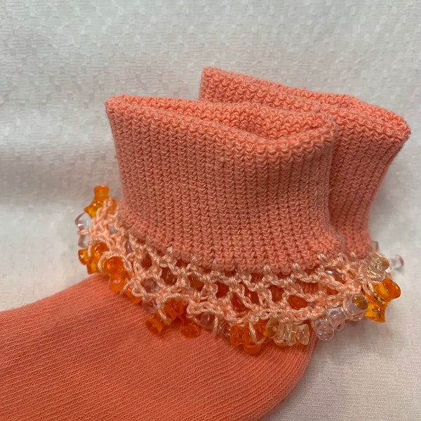 Girls socks, Beaded socks, girls beaded socks, cute socks, orange socks, size 2T- 3T, crochet edged socks, cute beaded socks, toddlers