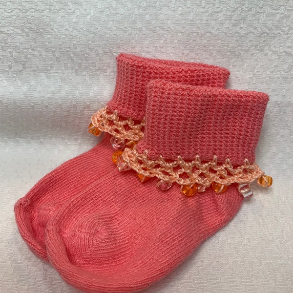 Baby socks, Beaded socks, cute socks, cute beaded socks, orange beaded socks, size 0-6 months, orange beads, crochet edged socks, handmade