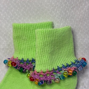 Handmade Girls Socks: Green Beaded Crochet, Size 2T