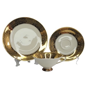 Tirschenreuth Bavaria Germany Gold Gilt Etched White 3 pc Set Cup Saucer Plate