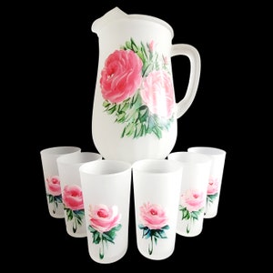 Anchor Hocking Frosted Satin Rose 7pc Pitcher set