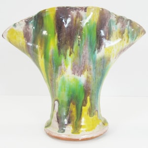 Williamsburg Handmade Pottery Multi Color Drip Glaze 4 Finger Fan Vase