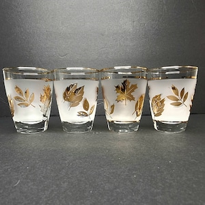 Mid Century Libbey Glass Golden Foliage Leaf 5oz Flat Juice Tumbler Set of 4