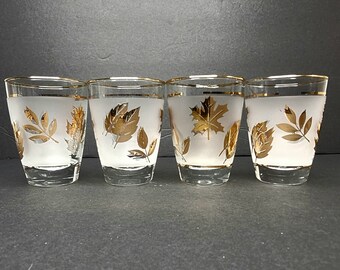Copo de suco plano de folha dourada de vidro Libbey de meados do século, conjunto de 4
