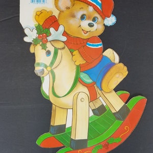 Cleo Die Cut Teddy Bear Rocking Horse Flocked One Side Window Decoration Vtg NOS 13 1/4&quot; x 9&quot;