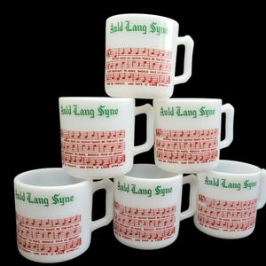 Hazel Atlas Tom & Jerry Egg Nog Mug Punch Cup Auld Lang Syne Set of 6 Milk Glass