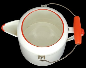 磁器エナメル 赤 白 大型コーヒーポット ベイルハンドル ファーム装飾