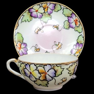 Bone China Hand Painted Stylized Pansies? Made in Japan Cup & Saucer