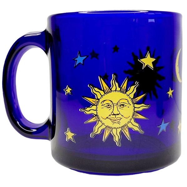 Libbey Cobalt Blue Celestial Sun Moon Stars Glass Coffee Mug Friends