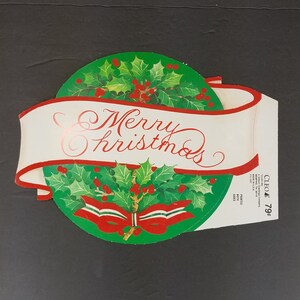 Cleo Die Cut Merry Christmas Banner Holly Flocked One Side Window Decoration Vtg NOS 12 3/4&quot; x 9 1/2&quot;