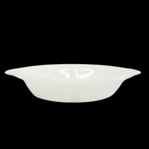 May include: A white, oval-shaped serving dish with a smooth, glossy finish. The dish has two flared handles on either side. The design is simple and elegant, suitable for serving appetizers or side dishes.