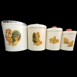 Farm Decor Metal Canister Set Rooster Hen Chicks Fence