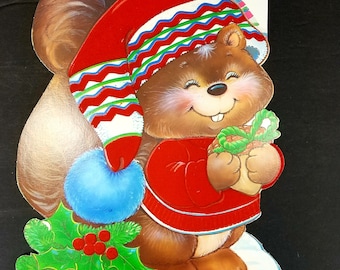 Cleo Die Cut Christmas Squirrel Flocked One Side Window Decoration Vtg NOS 13&quot; x 8 1/2&quot;