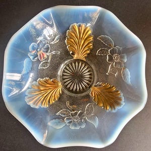 Northwood Blossoms & Palms Clear Opalescent Gold Decoration EAPG Bowl