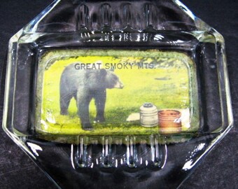 Great Smoky Smoky MTS Mountains Souvenir Glass Ashtray Black Bear Campsite