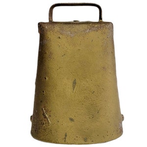 Vtg Folded Metal Riveted Gold Painted Cow Bell w/ Original Ball Clapper 5 1/4&quot;