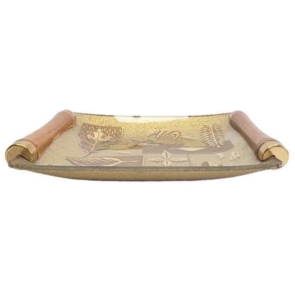 Colony Glass Square Trinket Dish Wood Brass Handles Leaf Pattern Gold