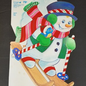 Cleo Die Cut Snowman On Skis Flocked One Side Window Decoration Vtg NOS 13 1/4&quot; x 9 1/2&quot;