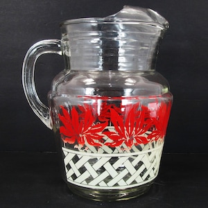 Anchor Hocking 96oz Pitcher with Ice Lip Lattice & Red Flower Decal