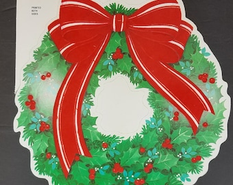Cleo Die Cut Holly Wreath Red Ribbon Bow Flocked One Side Window Decoration Vtg NOS 13&quot; x 11 1/2&quot;