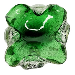 Fratelli Tosso MCM Murano Venetian Green Glass Silver Leaf Ashtray