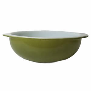 May include: A green and white mixing bowl with a rounded shape and a white interior. The bowl has a smooth, glossy finish.