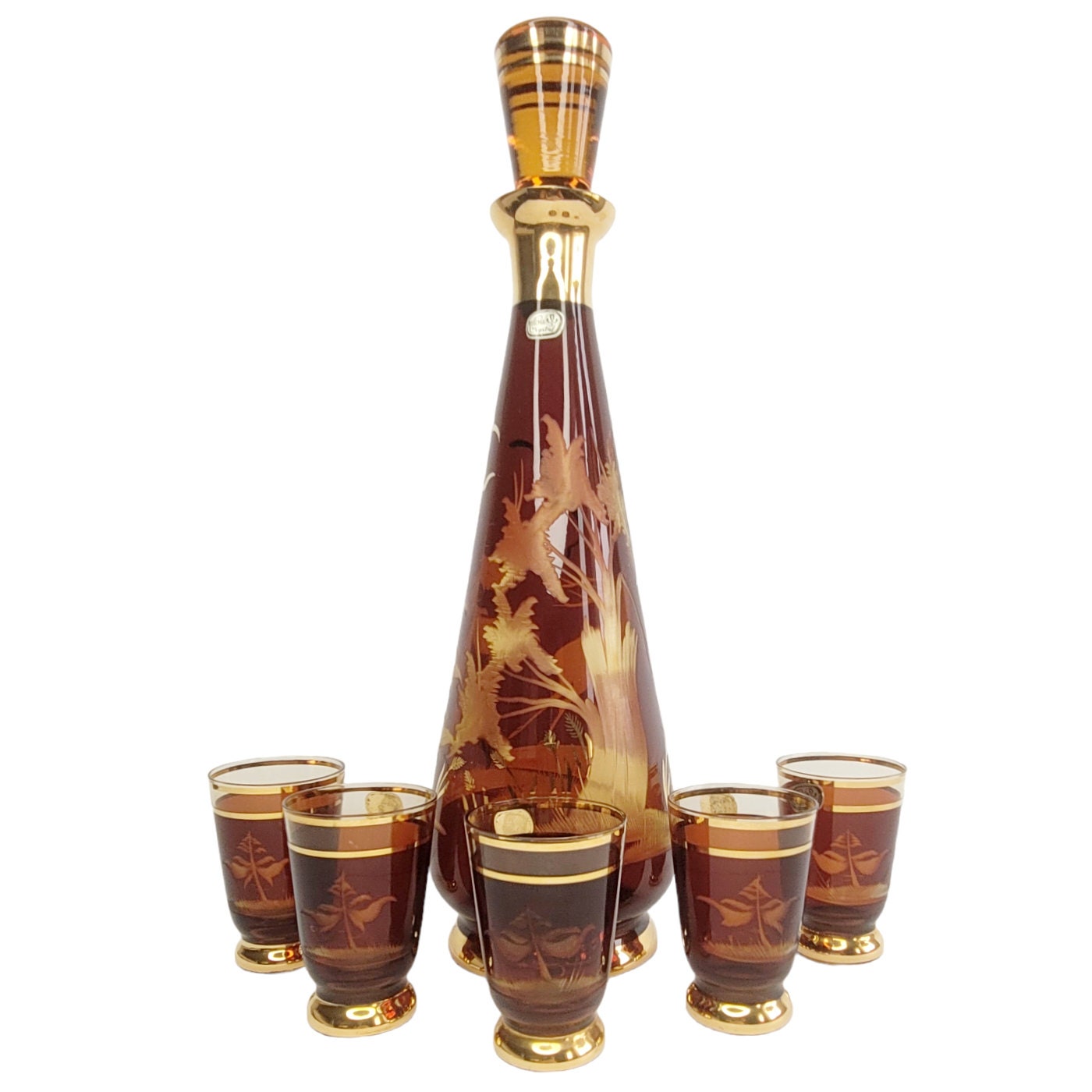 Mid-Century Alcohol Bottle & Shot Set in Red Glass, Czechoslovakia, 1960s,  Set of 7 for sale at Pamono