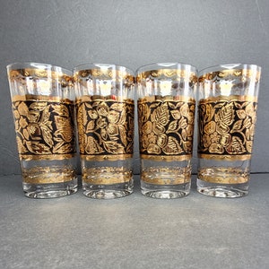 Georges Briard Gold and Black Flower Collins Highballs Glass Tumblers