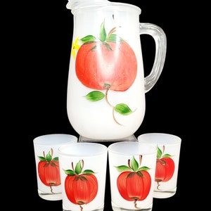 Bartlett Collins Hand Painted Tomato Juice Pitcher Set w/ 4 Glass Tumblers