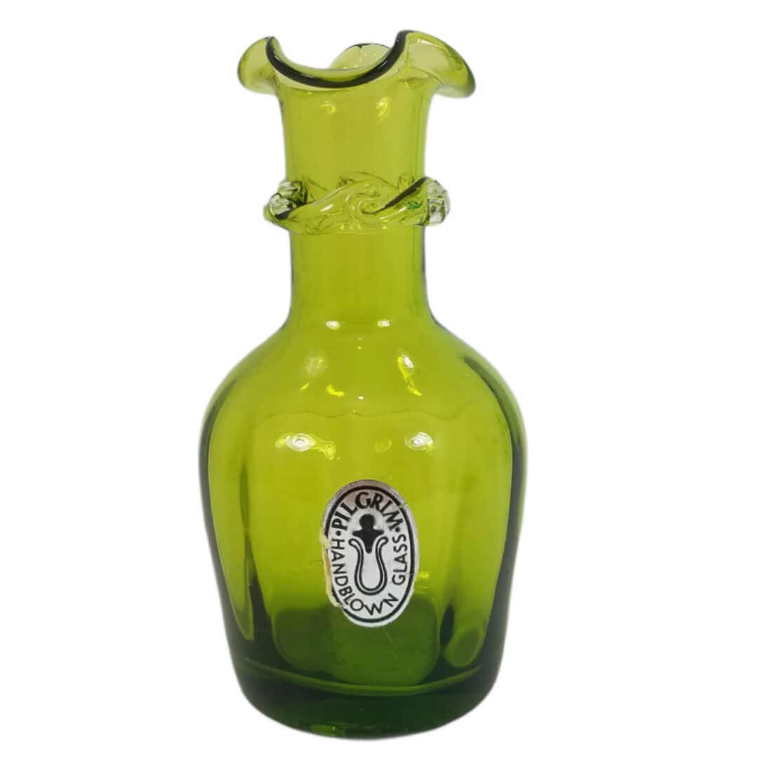 Vtg Pilgrim Art Glass Green Bud Vase Applied Rigaree Hand Blown Etsy