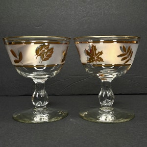 Mid Century Libbey Glass Golden Foliage Leaf 7oz Tall Sherbet Champagne Stem Stemware Set of 2