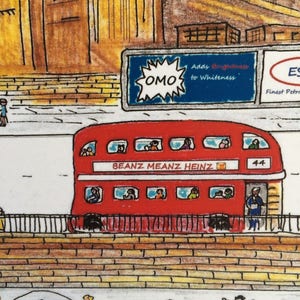 May include: A red double-decker bus with the words "BEANZ MEANZ HEINZ" on the side. The bus is driving down a street with buildings on either side. There are billboards above the bus that say "OMO Adds Brightness to Whiteness" and "ES Finest Petro".