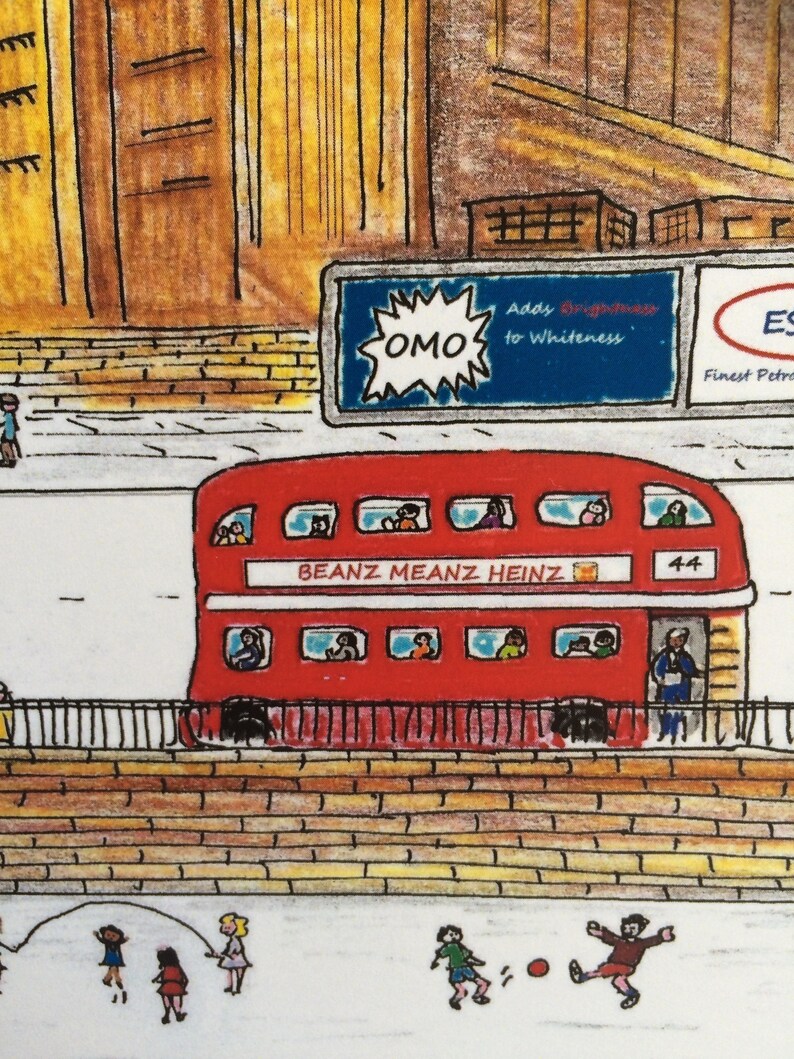May include: A red double-decker bus with the words "BEANZ MEANZ HEINZ" on the side. The bus is driving down a street with buildings on either side. There are billboards above the bus that say "OMO Adds Brightness to Whiteness" and "ES Finest Petro".