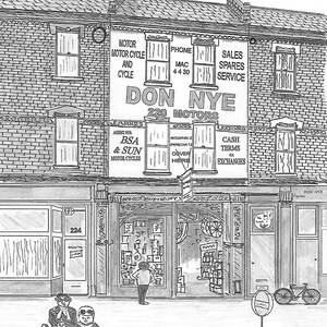 Don Nye Bike Shop Battersea „7x5” Wydruk w tekturowej oprawie „8x”10 autorstwa artysty Berniego Wightona