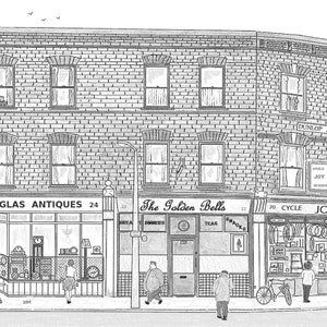 Battersea High Street Shops Back In The Day 5" x 7" Wydruk w tekturowym opakowaniu 8" x 10" autorstwa artysty Bernie Wightona