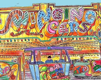 Battersea Fun Fair’s Waltzer Swinging Cars Print 7 » x 5 » en support en carton 8"x 10 ». Gravure colorée de l’artiste Bernie Wighton.