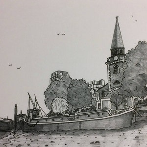 St Mary&#39;s Church Battersea By The River Print 7&quot;x 5&quot; mounted in cardboard frame 8&quot;x 10  by artist Bernie Wighton.