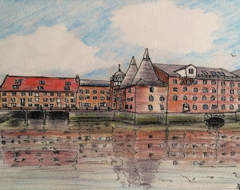 May include: A watercolor painting of a red brick building with a river in the foreground. The building has a red roof and several windows. The river is calm and reflects the sky and buildings.