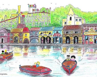 Battersea Fun Fair Boats Back In The Day 7"x 5" Print in 8" x 10" Carton Mount. Souvenirs d'enfance par l'artiste Bernie Wighton.