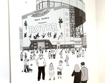 May include: A black and white spiral-bound calendar titled Battersea Memories Calendar 2027 by artist Bernie Wighton. The cover features a detailed line drawing of the Rotor amusement ride with crowds of people and the text Max Myers Presents Rotor.