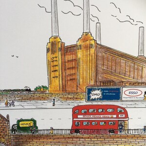 May include: A hand-drawn illustration of a red double-decker bus with the text "BEANZ MEANZ HEINZ" on the side. The bus is driving past a brick building with a green truck that says "HOVIS" on the side. In the background, there is a large yellow building with tall smokestacks. The illustration is in a cartoon style.