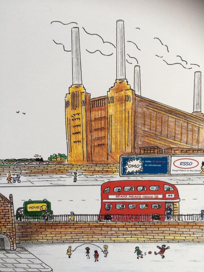 May include: A hand-drawn illustration of a red double-decker bus with the text "BEANZ MEANZ HEINZ" on the side. The bus is driving past a brick building with a green truck that says "HOVIS" on the side. In the background, there is a large yellow building with tall smokestacks. The illustration is in a cartoon style.