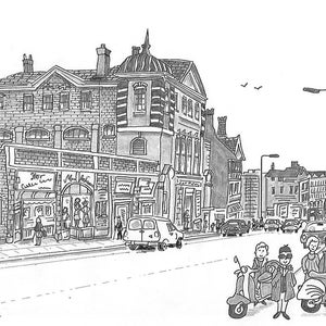 May include: A black and white illustration of a street scene with a group of people riding scooters. The people are wearing jackets and hats. The scooters are parked in front of a building with a sign that says "Hair Cutters".