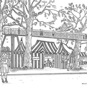 Battersea Park Riverside Shops and Tree Walk Back In The Day. Wydruk w tekturowym mocowaniu 7 x 5 8 x 10 autorstwa artysty Bernie Wightona.