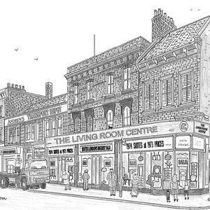 The Living Room Centre Stare sklepy w Battersea w dawnych czasach. Wydruk na tekturowej oprawie 8 x 10 autorstwa artysty Berniego Wightona.